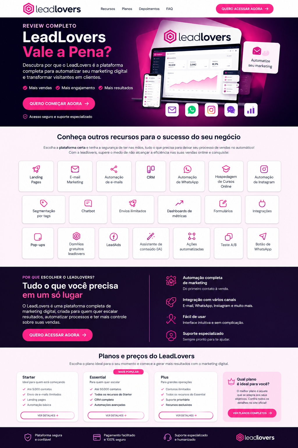 Visual de referência da página LeadLovers com recursos, automação, planos e identidade visual