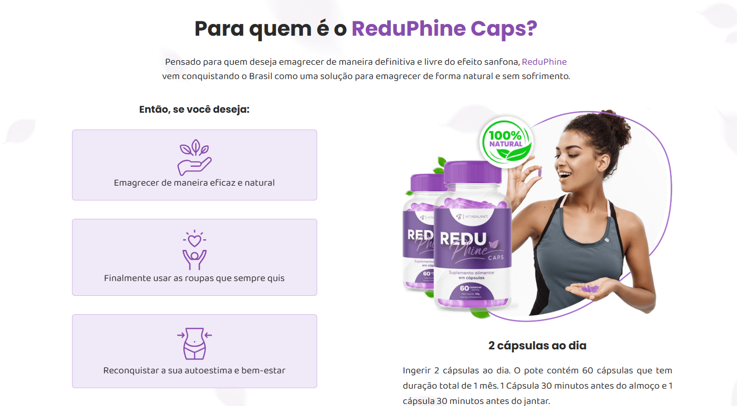 ReduPhine Caps e kits do produto apresentados em material comercial