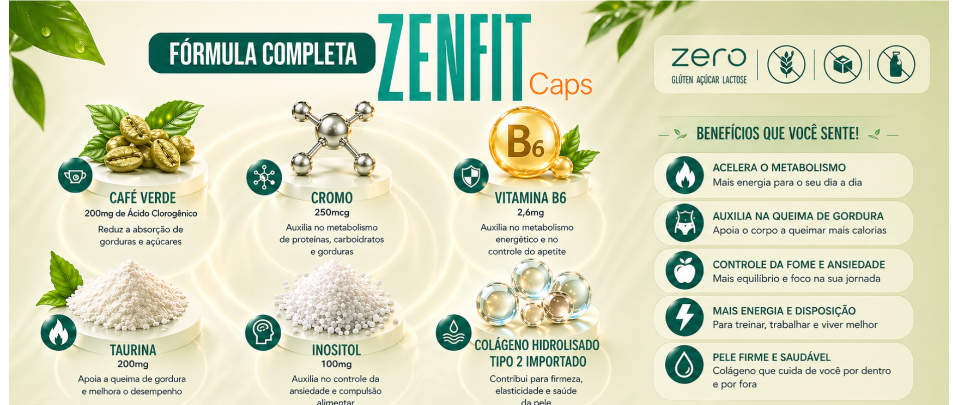 Fórmula do Zen Fit Caps com café verde, cromo, vitamina B6, taurina, inositol e colágeno hidrolisado